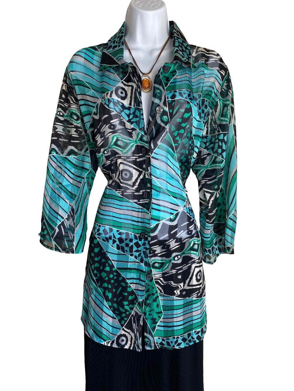 VTG Draper's & Damon's XL Tunic Blouse Button Up Abstract Print Green Blue Black